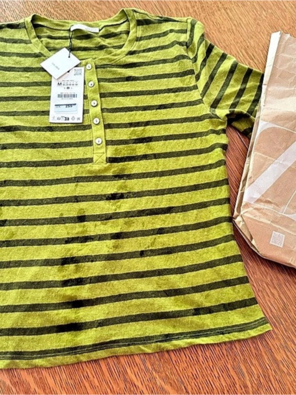 Zara Linen Blend Button-Up T-Shirt Striped Green & Black Medium